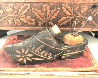 Antique Wooden Shoe Pincushion and Thimble Holder