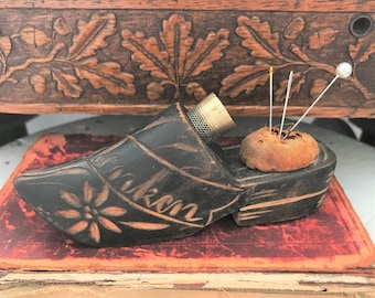 Antique Wooden Shoe Pincushion and Thimble Holder