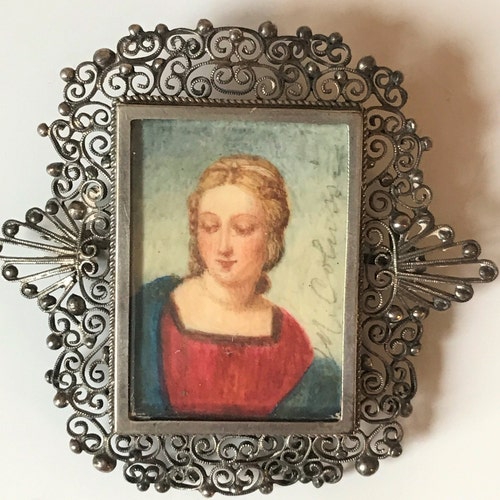 Antique Miniature Hand Painted Portrait shops Pin