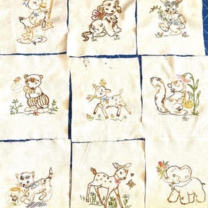 Vintage Animal Embroidery 8&quot; x 8&quot; Quilt Pieces.