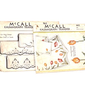 2 McCall Kaumagraph Transfers: Cross Stitch Luncheon Set and Cut Work Designs