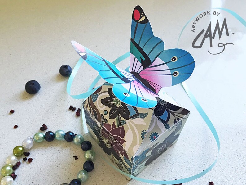 Template blue paper 3D butterfly gift box zentangle DIY | Etsy