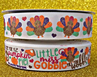 7/8" USDR Little Miss Gobble till you Wobble on white grosgrain ribbon by the yard