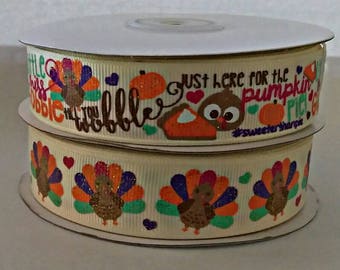 7/8" USDR Little Miss Gobble Till You Wobble-Just Here For The Pie- Gold Glitter designer ribbon by the yard
