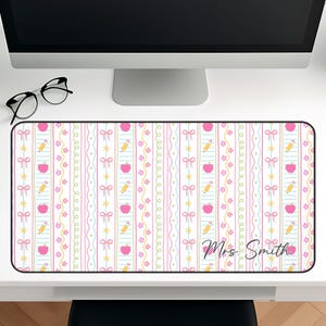 Personalized Coquette Teacher Desk Mat, Cute Pink Classroom Decor for Teachers, Pastel Mouse Pad with Name
