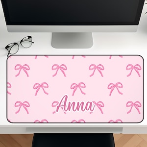 Personalized Pink Coquette Desk Mat, Custom Mouse Pad, Cute Office Decor, Pink Bow Coquette Desk Office Decor, Name Desk Pad
