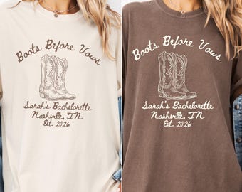 Koszulka "Boots Before Vows Bachelorette", koszula "Wesele w stylu western", koszulka "Nashville Bach Party", koszulka "Cowgirl Bridal Party", "Comfort Colors Custom"