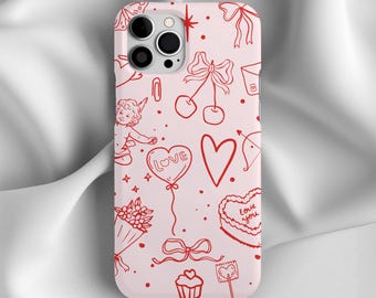 Rode doodle liefdespatroon telefoonhoesje, telefoonhoesje valentijn, schattig hartje telefoonhoesje, romantisch liefdeshoesje, vriendin cadeau, Valentijnsdagcadeau