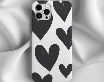 Black Heart Pattern Phone Case, Black and White, Everyday Use, Phone Case For iPhone 17 16 15 14 13 12 11 PRO Max, Samsung Galaxy S24, S23