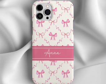 Custom Pink Coquette Bow Phone Case, Personalized Name Initial Monogram Phone Case, iPhone 17 16 15 Pro Max 14 13 12, Samsung S24 S23 S22