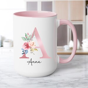 Initial Coffee Mug, Initial Mug, Customizable Mug, Monogram Mug, Floral Alphabet Mug, Personalized Flower Coffee Mug, Letter mug Pink