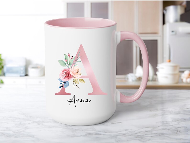 Initial Coffee Mug, Initial Mug, Customizable Mug, Monogram Mug, Floral Alphabet Mug, Personalized Flower Coffee Mug, Letter mug Pink
