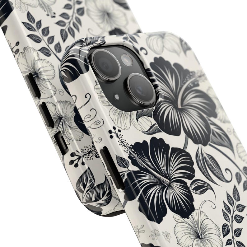 Funda para teléfono con hibisco en blanco y negro, funda floral para iPhone y Samsung, estilo minimalista tropical, para iPhone 17, 16, 15, 14, 13 y 12, Samsung imagen 3