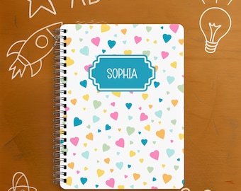Personalized Hearts Spiral Notebook, Back to School Supplies, Custom Name School Journal for Girls, Back to School Gift, Writing Notebook