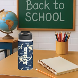 Personalized Shark Water Bottle for Kids, Name Stainless Steel Bottle, Boys Back to School Water Bottle, Ocean Sea Life Gift