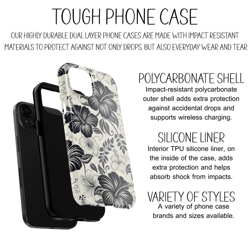 Puede incluir: Funda de tel&eacute;fono negra con un dise&ntilde;o floral en blanco y negro. La imagen muestra la construcci&oacute;n de doble capa, con una carcasa de policarbonato y un forro de silicona. El texto dice "TOUGH PHONE CASE".