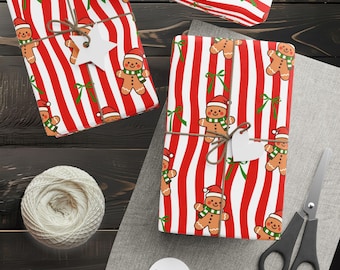 Gingerbread Man Christmas Wrapping Paper, Candy Cane Stripe Gift Wrap, Cute Holiday Paper, Gingerbread Christmas Wrap
