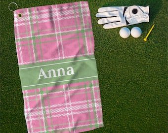 Personalized Pink Plaid Golf Towel, Custom Name Golf Towel for Women, Great Gift for Mother's Day, Birthday, or Golf Events