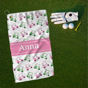 Personalized Golf Towel - Pink & Green Golf Cart Design, Fun Golf Accessories for Players, Ideal for Gifts, Custom Name Golf Gift for Women