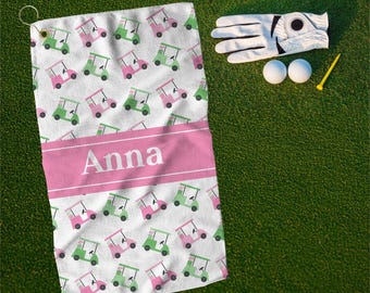 Personalized Golf Towel - Pink & Green Golf Cart Design, Fun Golf Accessories for Players, Ideal for Gifts, Custom Name Golf Gift for Women