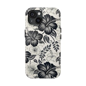 Funda para teléfono con hibisco en blanco y negro, funda floral para iPhone y Samsung, estilo minimalista tropical, para iPhone 17, 16, 15, 14, 13 y 12, Samsung imagen 2