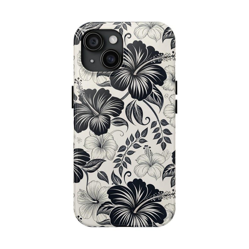 Funda para teléfono con hibisco en blanco y negro, funda floral para iPhone y Samsung, estilo minimalista tropical, para iPhone 17, 16, 15, 14, 13 y 12, Samsung imagen 2