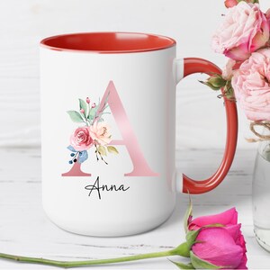 Initial Coffee Mug, Initial Mug, Customizable Mug, Monogram Mug, Floral Alphabet Mug, Personalized Flower Coffee Mug, Letter mug Red