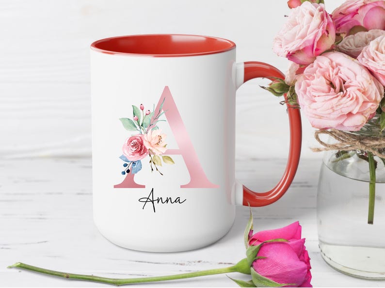 Initial Coffee Mug, Initial Mug, Customizable Mug, Monogram Mug, Floral Alphabet Mug, Personalized Flower Coffee Mug, Letter mug Red