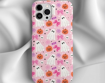 Pastel Pink Halloween Phone Case, Ghosts, Pumpkins & Cute Bows, Spooky Aesthetic iPhone Cover, Fall Goth Kawaii Gift, iPhone 17