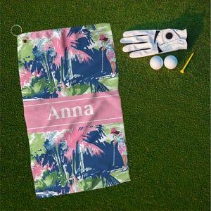 Personalized Floral Palm Tree Golf Towel, Pink Golf Towel, Custom Golf Towel for Women, Towels for Golf Gifts, Pink Floral Design