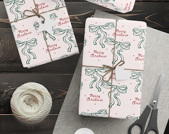 Pink Christmas Wrapping Paper, Minimalist Bow Gift Wrap, Cute Holiday Paper, Coquette Christmas Aesthetic, Merry Christmas Print