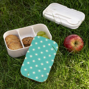 Retro Starburst Bento Lunch Box, Teal & Cream Star Pattern Food Container, Aesthetic Lunchbox for Work, School, Gifts