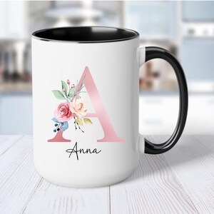 Initial Coffee Mug, Initial Mug, Customizable Mug, Monogram Mug, Floral Alphabet Mug, Personalized Flower Coffee Mug, Letter mug Black
