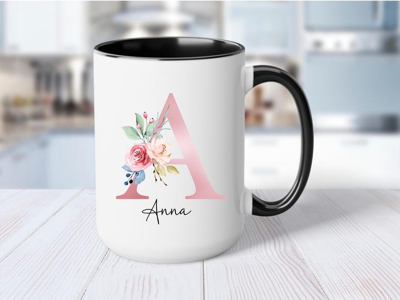 Initial Coffee Mug, Initial Mug, Customizable Mug, Monogram Mug, Floral Alphabet Mug, Personalized Flower Coffee Mug, Letter mug Black
