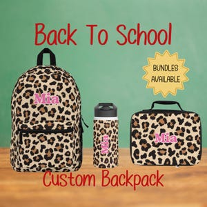 Leopard Print Girls Personalized Backpack, Lunch Bag, Water Bottle, Kids Travel Backpack, Name Backpack, Gift for Students,Back to School