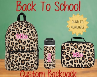 Leopard Print Girls Personalized Backpack, Lunch Bag, Water Bottle, Kids Travel Backpack, Name Backpack, Gift for Students,Back to School