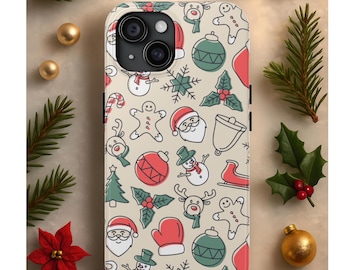 Kersttelefoonhoesje, leuke vakantie iPhone-cover met kerstman, sneeuwpop, peperkoek en ornamenten, feestelijke beschermhoes, iPhone 17