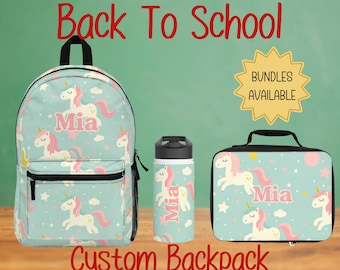 Unicorn Custom Personalized Backpack, Lunch Bag, Water Bottle, Kids Travel Backpack, Unique Name Backpack, Gift for Students, Back to School