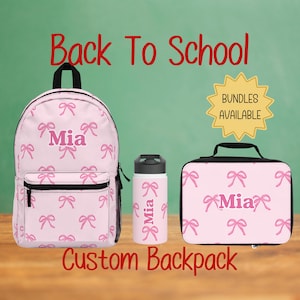 Pink Bow Custom Personalized Backpack, Lunch Bag, Water Bottle, Kids Travel Backpack, Unique Name Backpack, Gift for Students,Back to School
