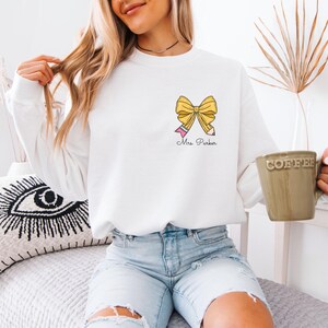 Custom Teacher Coquette Bow Sweatshirt, Custom Teacher Name Shirt, Teacher Appreciation Gift, Cute Teacher Christmas Shirt, Back To School