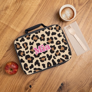 Personalized Leopard Print Kids Lunch Box, Custom Name Girls School Bag, Daycare or Preschool Insulated Lunch Bag Carrier