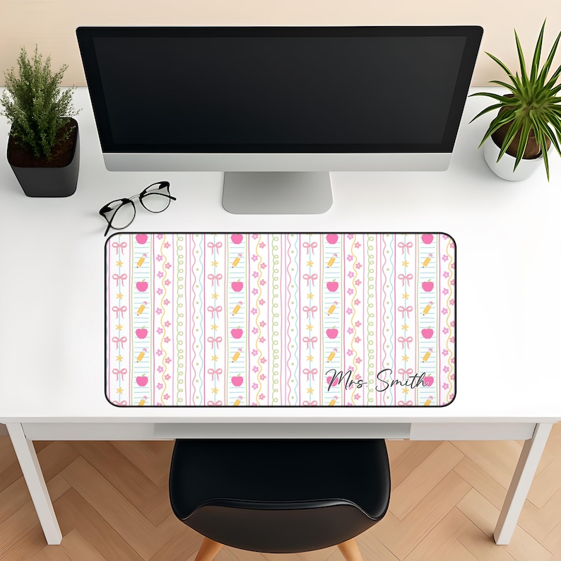 Personalized pink pastel teacher desk mat with bows, apples, and pencils coquette aesthetic classroom desk pad