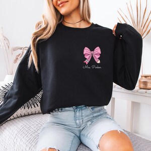 Custom Teacher Coquette Bow Sweatshirt, Custom Teacher Name Shirt, Teacher Appreciation Gift, Cute Teacher Christmas Shirt, Back To School
