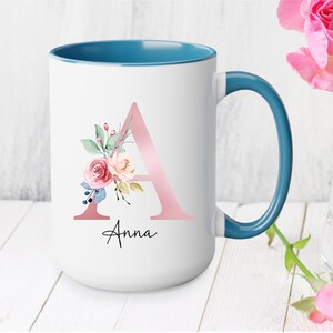 Initial Coffee Mug, Initial Mug, Customizable Mug, Monogram Mug, Floral Alphabet Mug, Personalized Flower Coffee Mug, Letter mug Light Blue