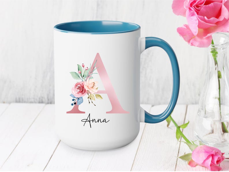 Initial Coffee Mug, Initial Mug, Customizable Mug, Monogram Mug, Floral Alphabet Mug, Personalized Flower Coffee Mug, Letter mug Light Blue