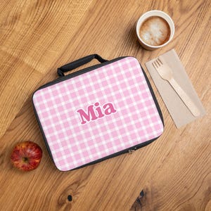 Personalized Pink Gingham Lunch Bag for girls, Cute Lunch Tote for School, Custom Name Lunchbox, Custom Name Kids School Lunch Box