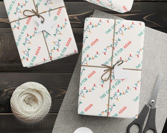 Personalized Christmas Wrapping Paper, Custom Name Gift Wrap, Holiday Lights Pattern, Kids Christmas Wrap, Your Name Christmas Gift Wrap