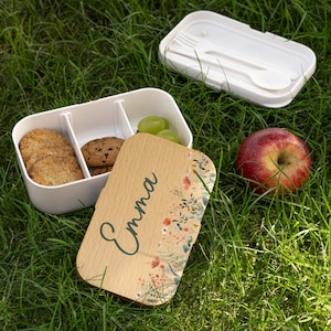 Personalized Floral Bento Lunch Box with Name, Custom Wooden Lid Lunch Container for Women Girls Teens Kids, Cute Back to School Gift