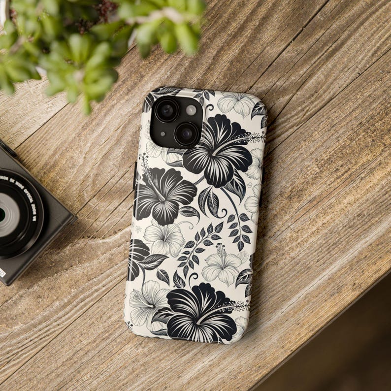 Funda para teléfono con hibisco en blanco y negro, funda floral para iPhone y Samsung, estilo minimalista tropical, para iPhone 17, 16, 15, 14, 13 y 12, Samsung imagen 5