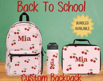 Cherry Girls Personalized Backpack, Lunch Bag, Water Bottle, Kids Travel Backpack, Unique Name Backpack, Gift for Students,Back to School